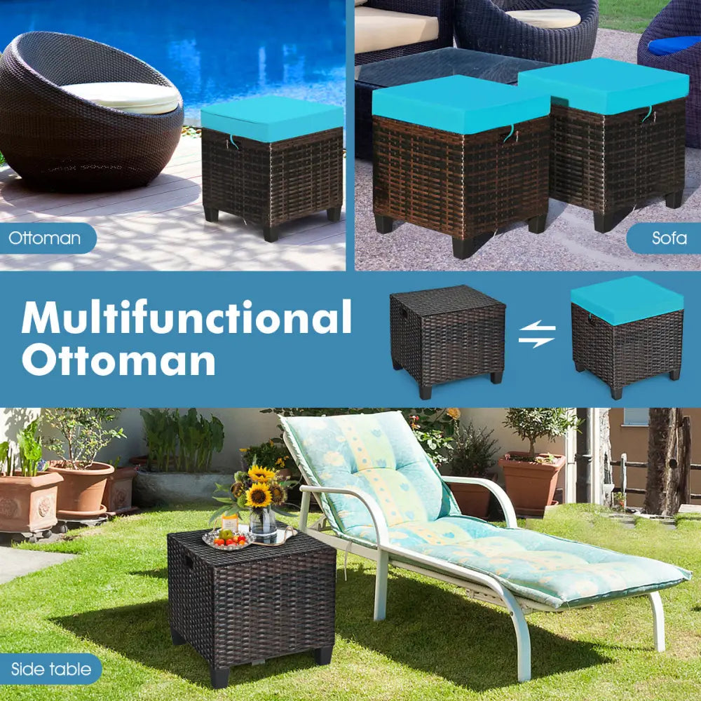 2 Pieces Patio Rattan Ottoman Set with Removable Cushions-Turquoise - Turquoise - Outdoor Seating & Patio Chairs