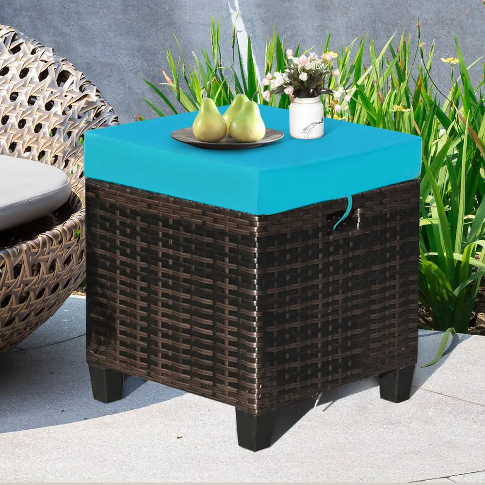 2 Pieces Patio Rattan Ottoman Set with Removable Cushions-Turquoise - Turquoise - Outdoor Seating & Patio Chairs