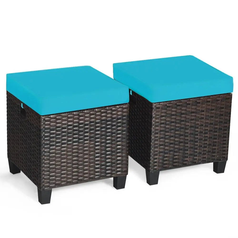 2 Pieces Patio Rattan Ottoman Set with Removable Cushions-Turquoise - Turquoise - Outdoor Seating & Patio Chairs