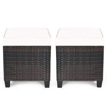 2 Pieces Patio Rattan Ottoman Set with Removable Cushions-White - White - Outdoor Seating & Patio Chairs
