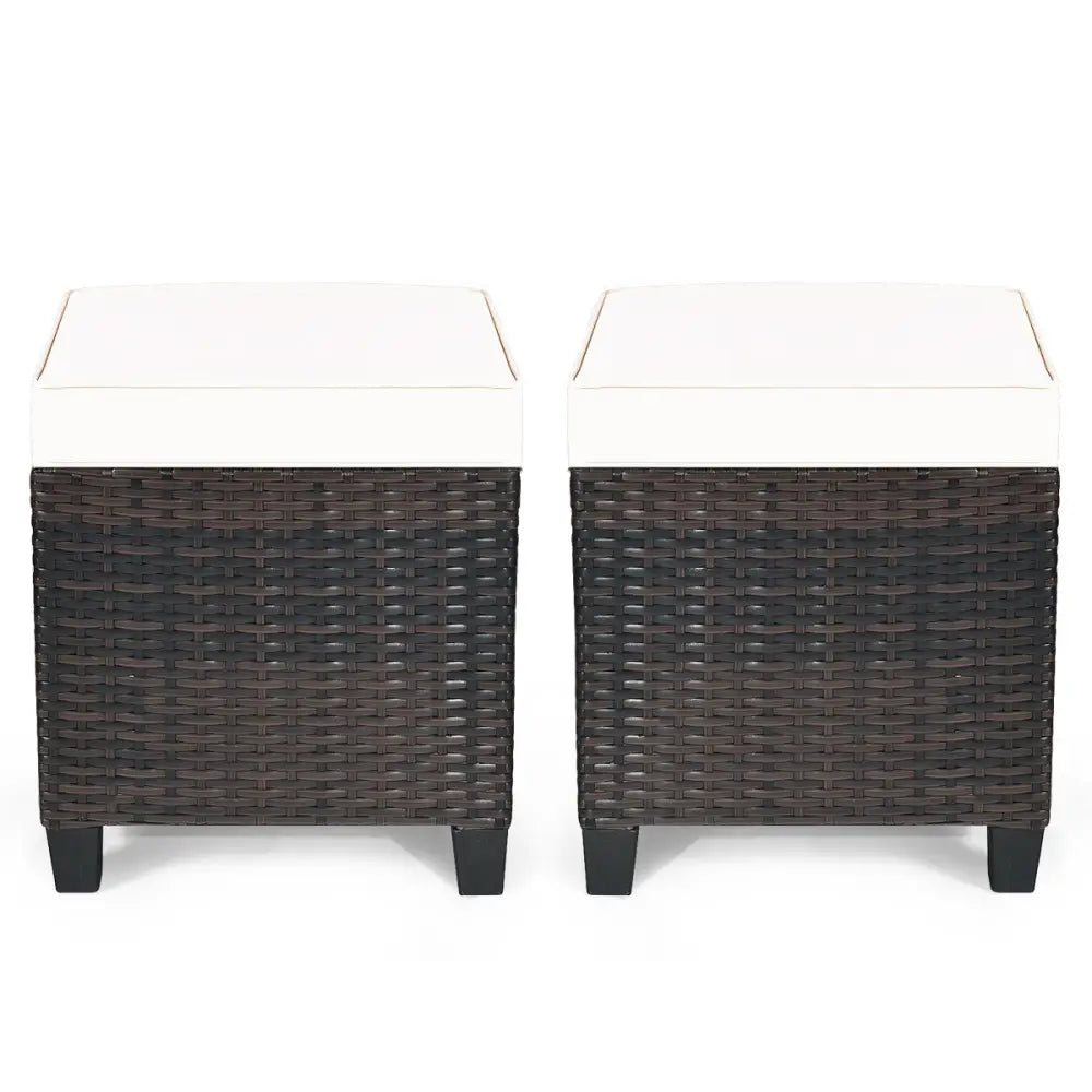 2 Pieces Patio Rattan Ottoman Set with Removable Cushions-White - White - Outdoor Seating & Patio Chairs