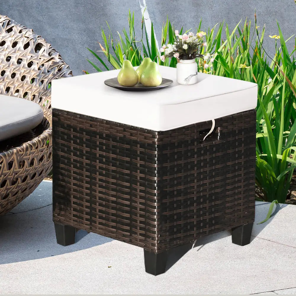 2 Pieces Patio Rattan Ottoman Set with Removable Cushions-White - White - Outdoor Seating & Patio Chairs