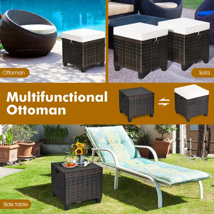 2 Pieces Patio Rattan Ottoman Set with Removable Cushions-White - White - Outdoor Seating & Patio Chairs