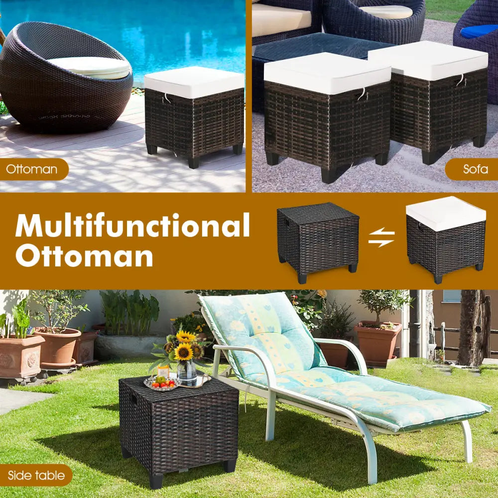 2 Pieces Patio Rattan Ottoman Set with Removable Cushions-White - White - Outdoor Seating & Patio Chairs