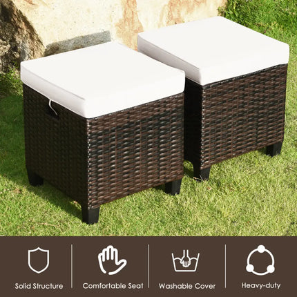 2 Pieces Patio Rattan Ottoman Set with Removable Cushions-White - White - Outdoor Seating & Patio Chairs