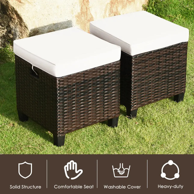 2 Pieces Patio Rattan Ottoman Set with Removable Cushions-White - White - Outdoor Seating & Patio Chairs