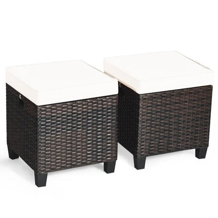 2 Pieces Patio Rattan Ottoman Set with Removable Cushions-White - White - Outdoor Seating & Patio Chairs