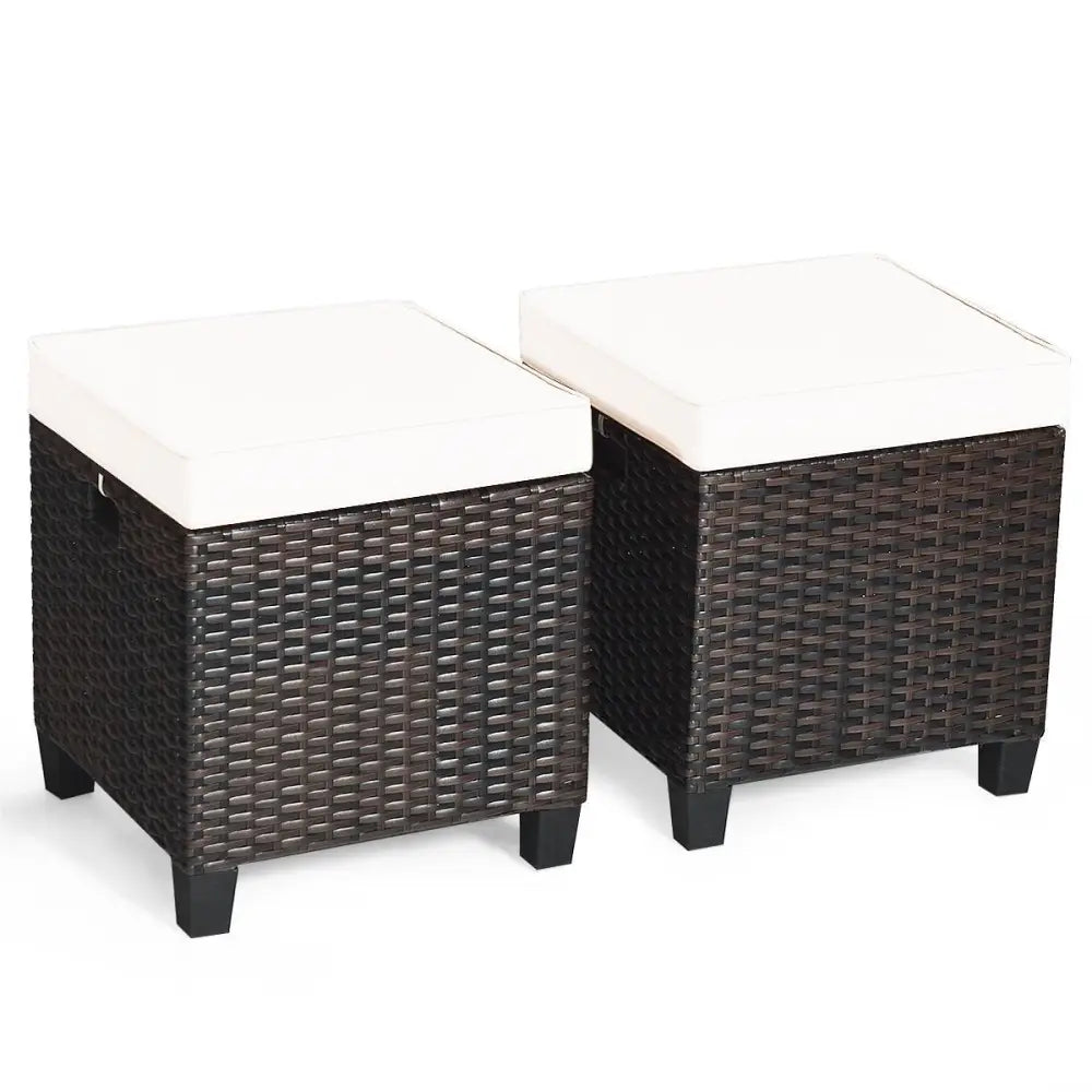 2 Pieces Patio Rattan Ottoman Set with Removable Cushions-White - White - Outdoor Seating & Patio Chairs