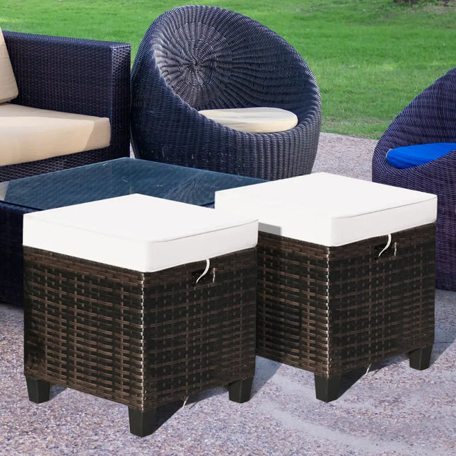 2 Pieces Patio Rattan Ottoman Set with Removable Cushions-White - White - Outdoor Seating & Patio Chairs