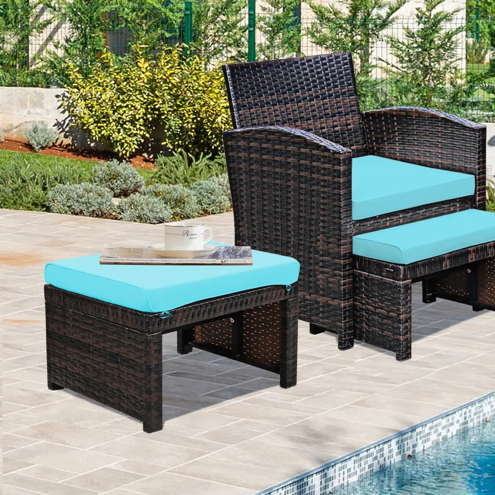 2 Pieces Patio Rattan Ottomans with Soft Cushion for Patio and Garden-Turquoise - Turquoise - Outdoor Seating & Patio