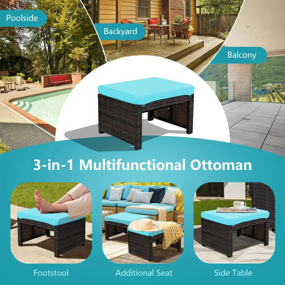 2 Pieces Patio Rattan Ottomans with Soft Cushion for Patio and Garden-Turquoise - Turquoise - Outdoor Seating & Patio