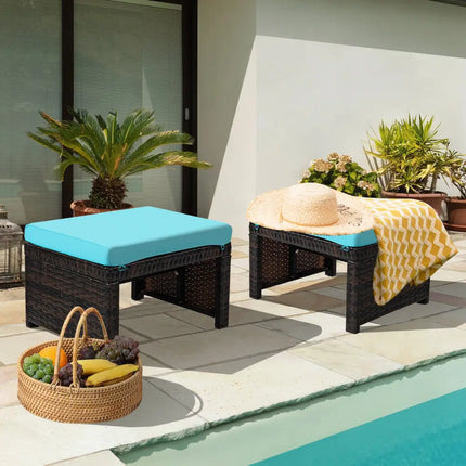 2 Pieces Patio Rattan Ottomans with Soft Cushion for Patio and Garden-Turquoise - Turquoise - Outdoor Seating & Patio