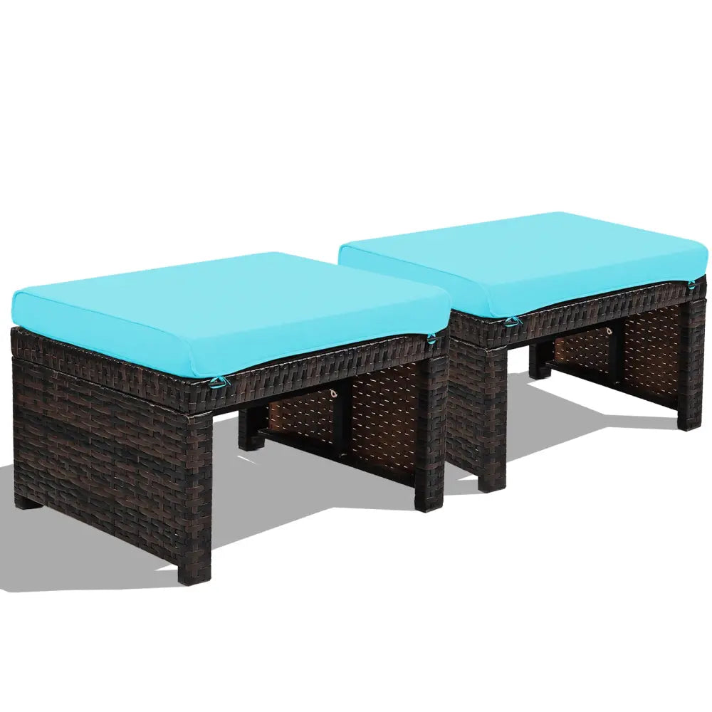 2 Pieces Patio Rattan Ottomans with Soft Cushion for Patio and Garden-Turquoise - Turquoise - Outdoor Seating & Patio