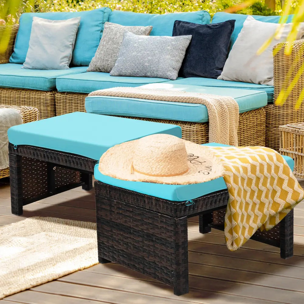 2 Pieces Patio Rattan Ottomans with Soft Cushion for Patio and Garden-Turquoise - Turquoise - Outdoor Seating & Patio