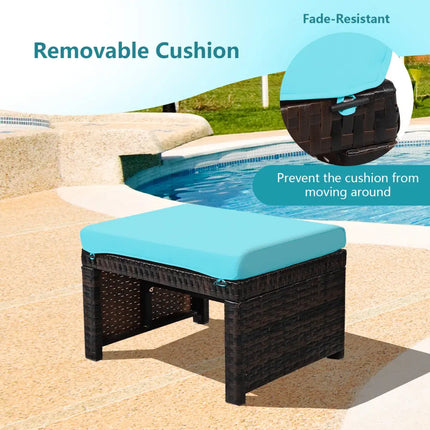 2 Pieces Patio Rattan Ottomans with Soft Cushion for Patio and Garden-Turquoise - Turquoise - Outdoor Seating & Patio