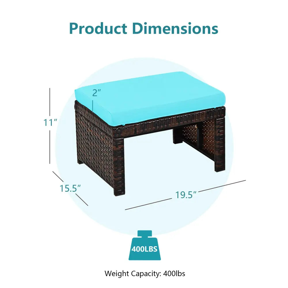 2 Pieces Patio Rattan Ottomans with Soft Cushion for Patio and Garden-Turquoise - Turquoise - Outdoor Seating & Patio