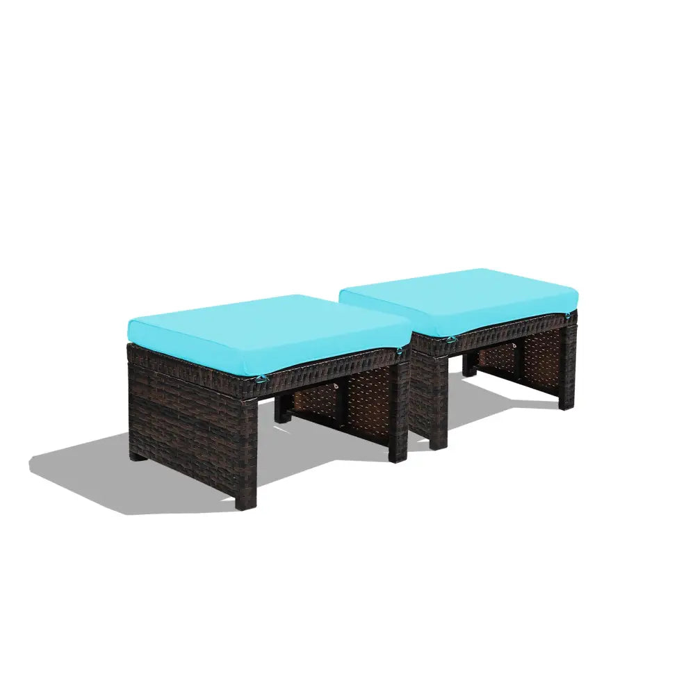 2 Pieces Patio Rattan Ottomans with Soft Cushion for Patio and Garden-Turquoise - Turquoise - Outdoor Seating & Patio