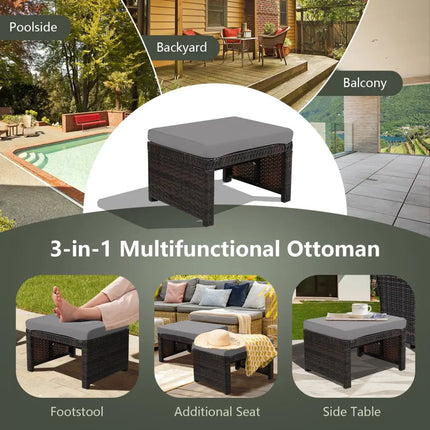2 Pieces Patio Rattan Ottomans with Soft Cushion for Patio and Garden-Gray - Gray - Outdoor Seating & Patio Chairs