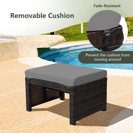 2 Pieces Patio Rattan Ottomans with Soft Cushion for Patio and Garden-Gray - Gray - Outdoor Seating & Patio Chairs