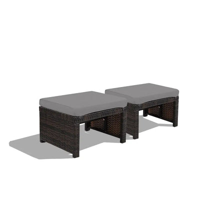2 Pieces Patio Rattan Ottomans with Soft Cushion for Patio and Garden-Gray - Gray - Outdoor Seating & Patio Chairs