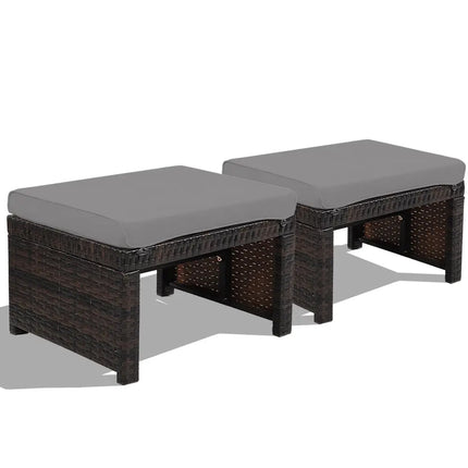 2 Pieces Patio Rattan Ottomans with Soft Cushion for Patio and Garden-Gray - Gray - Outdoor Seating & Patio Chairs