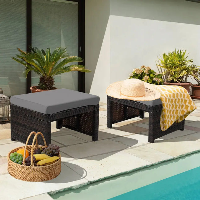 2 Pieces Patio Rattan Ottomans with Soft Cushion for Patio and Garden-Gray - Gray - Outdoor Seating & Patio Chairs