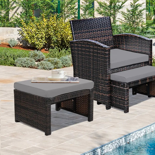 2 Pieces Patio Rattan Ottomans with Soft Cushion for Patio and Garden-Gray - Gray - Outdoor Seating & Patio Chairs