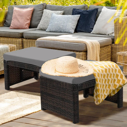 2 Pieces Patio Rattan Ottomans with Soft Cushion for Patio and Garden-Gray - Gray - Outdoor Seating & Patio Chairs