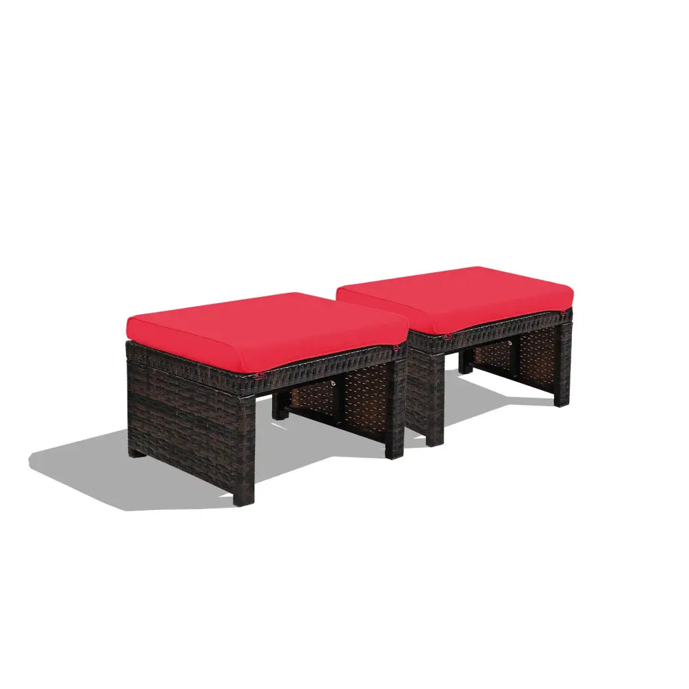 2 Pieces Patio Rattan Ottomans with Soft Cushion for Patio and Garden-Red - Red - Outdoor Seating & Patio Chairs