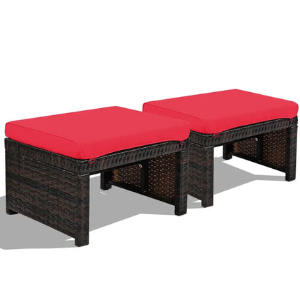 2 Pieces Patio Rattan Ottomans with Soft Cushion for Patio and Garden-Red - Red - Outdoor Seating & Patio Chairs