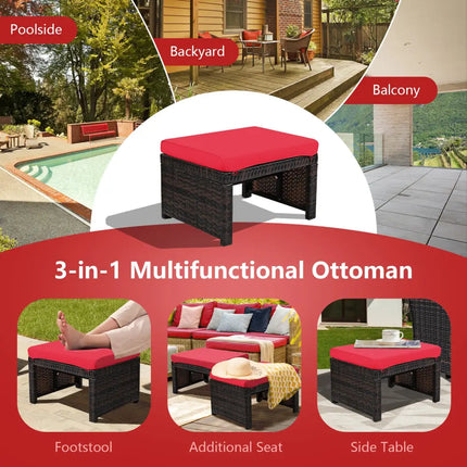 2 Pieces Patio Rattan Ottomans with Soft Cushion for Patio and Garden-Red - Red - Outdoor Seating & Patio Chairs
