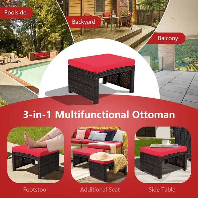 2 Pieces Patio Rattan Ottomans with Soft Cushion for Patio and Garden-Red - Red - Outdoor Seating & Patio Chairs