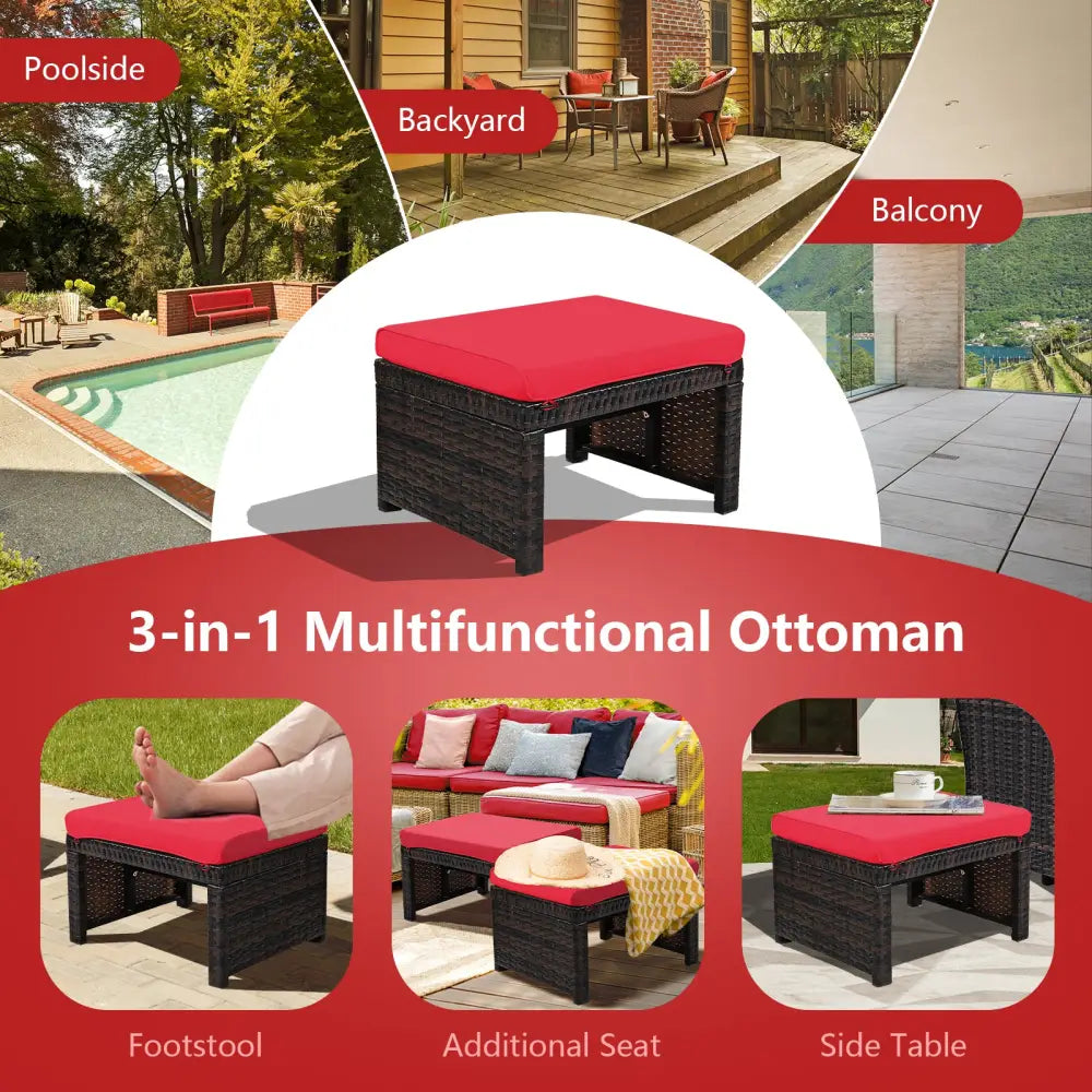 2 Pieces Patio Rattan Ottomans with Soft Cushion for Patio and Garden-Red - Red - Outdoor Seating & Patio Chairs