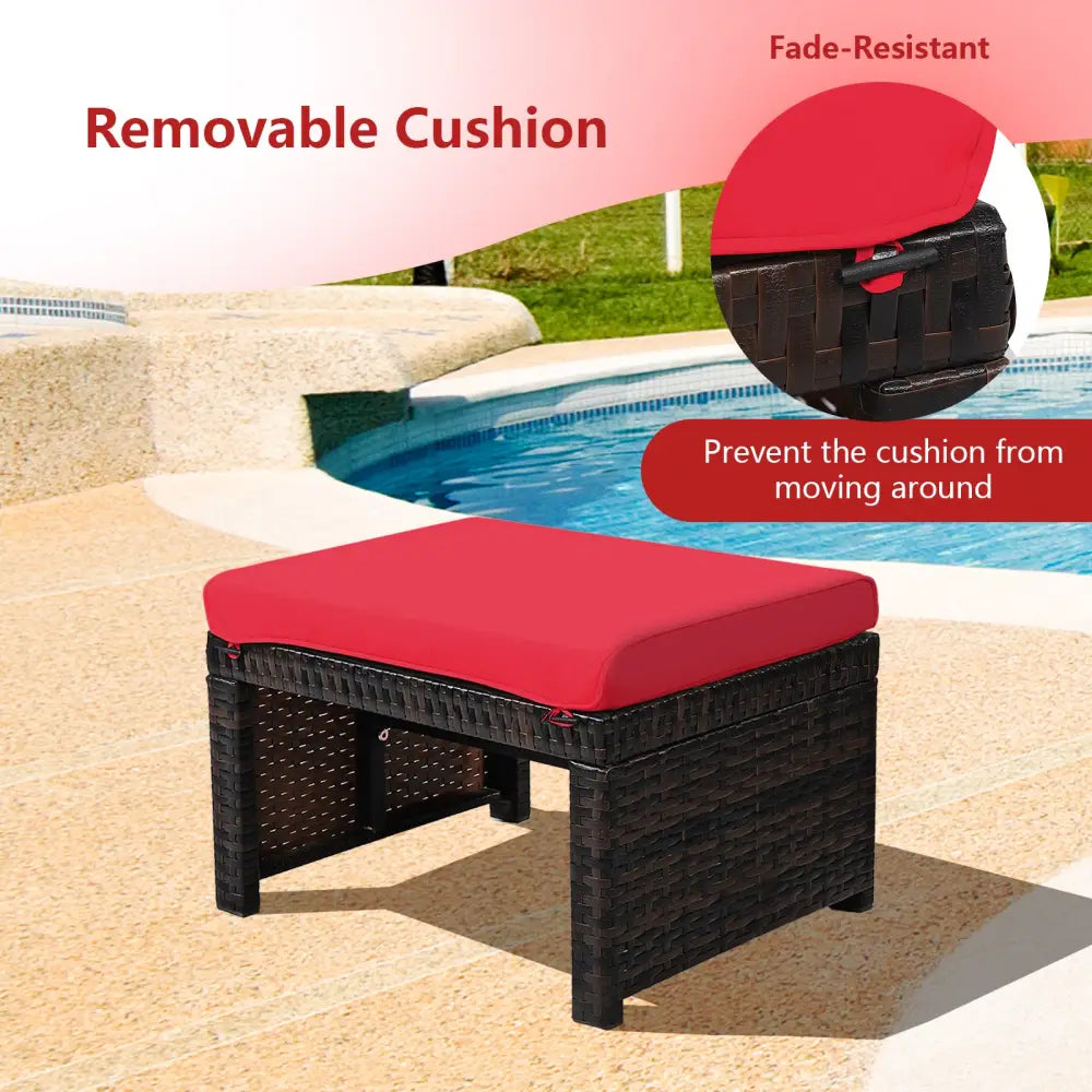 2 Pieces Patio Rattan Ottomans with Soft Cushion for Patio and Garden-Red - Red - Outdoor Seating & Patio Chairs