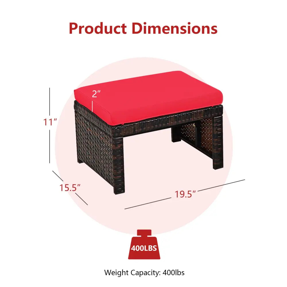 2 Pieces Patio Rattan Ottomans with Soft Cushion for Patio and Garden-Red - Red - Outdoor Seating & Patio Chairs
