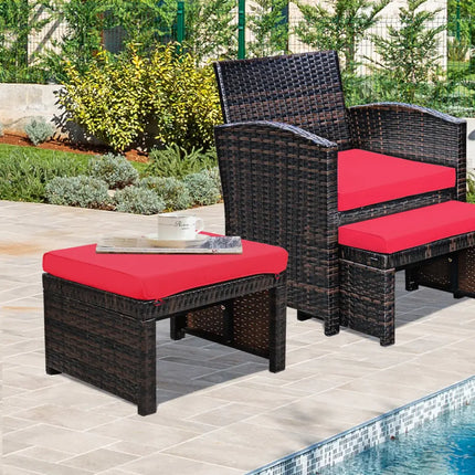 2 Pieces Patio Rattan Ottomans with Soft Cushion for Patio and Garden-Red - Red - Outdoor Seating & Patio Chairs