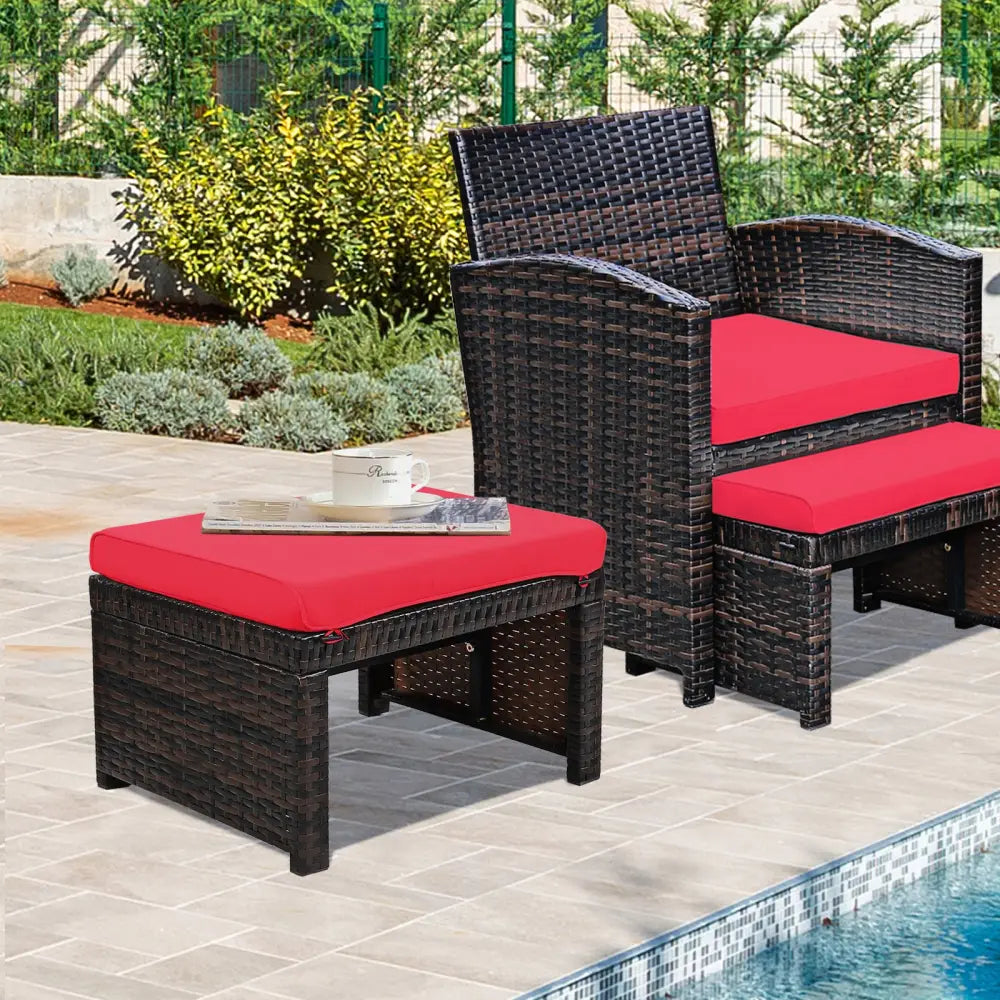 2 Pieces Patio Rattan Ottomans with Soft Cushion for Patio and Garden-Red - Red - Outdoor Seating & Patio Chairs