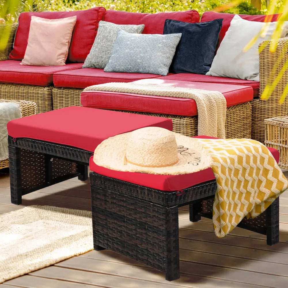 2 Pieces Patio Rattan Ottomans with Soft Cushion for Patio and Garden-Red - Red - Outdoor Seating & Patio Chairs