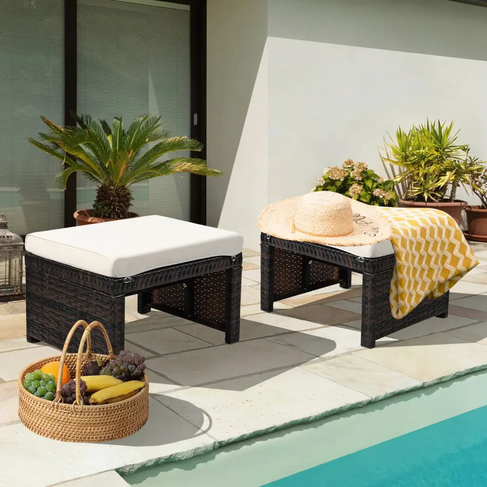 2 Pieces Patio Rattan Ottomans with Soft Cushion for Patio and Garden-White - White - Outdoor Seating & Patio Chairs