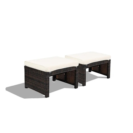 2 Pieces Patio Rattan Ottomans with Soft Cushion for Patio and Garden-White - White - Outdoor Seating & Patio Chairs