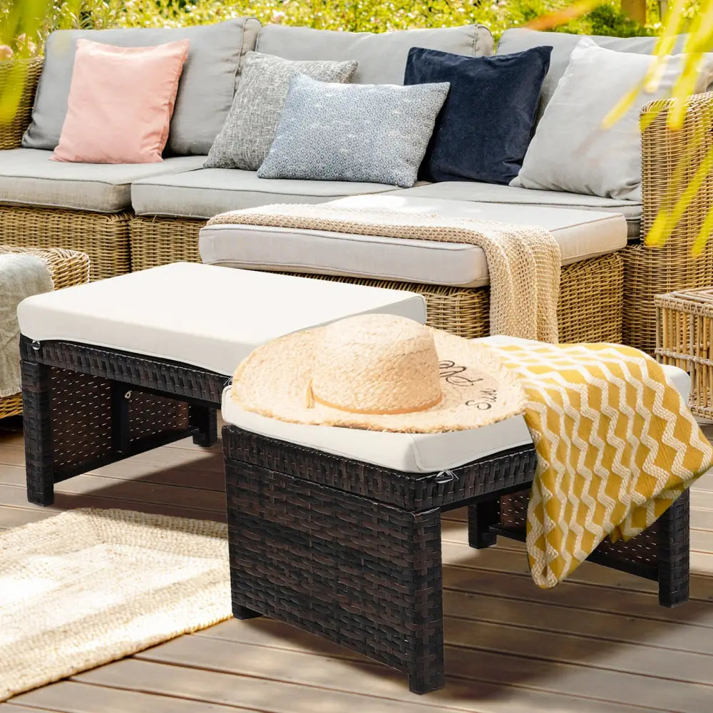 2 Pieces Patio Rattan Ottomans with Soft Cushion for Patio and Garden-White - White - Outdoor Seating & Patio Chairs