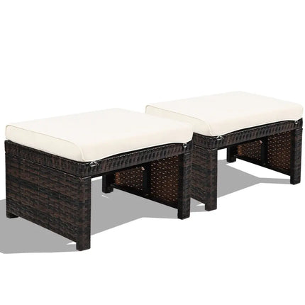 2 Pieces Patio Rattan Ottomans with Soft Cushion for Patio and Garden-White - White - Outdoor Seating & Patio Chairs