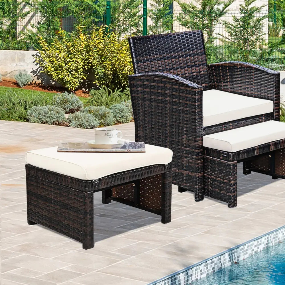 2 Pieces Patio Rattan Ottomans with Soft Cushion for Patio and Garden-White - White - Outdoor Seating & Patio Chairs