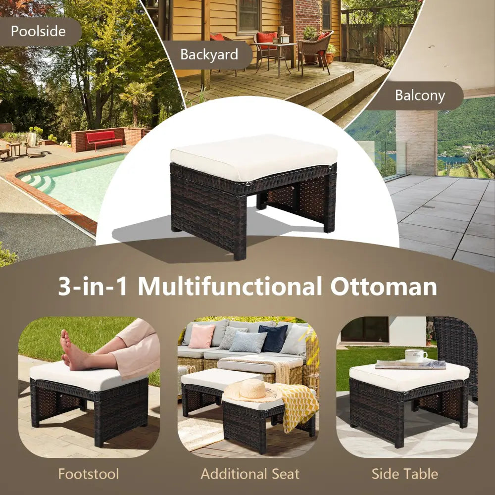 2 Pieces Patio Rattan Ottomans with Soft Cushion for Patio and Garden-White - White - Outdoor Seating & Patio Chairs