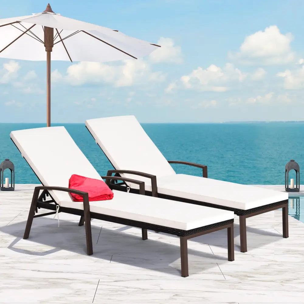 2 Pieces Patio Rattan Reclining Chaise Lounge Chair with Cushion and Armrest-Red & White - Red & White - Outdoor Chaise