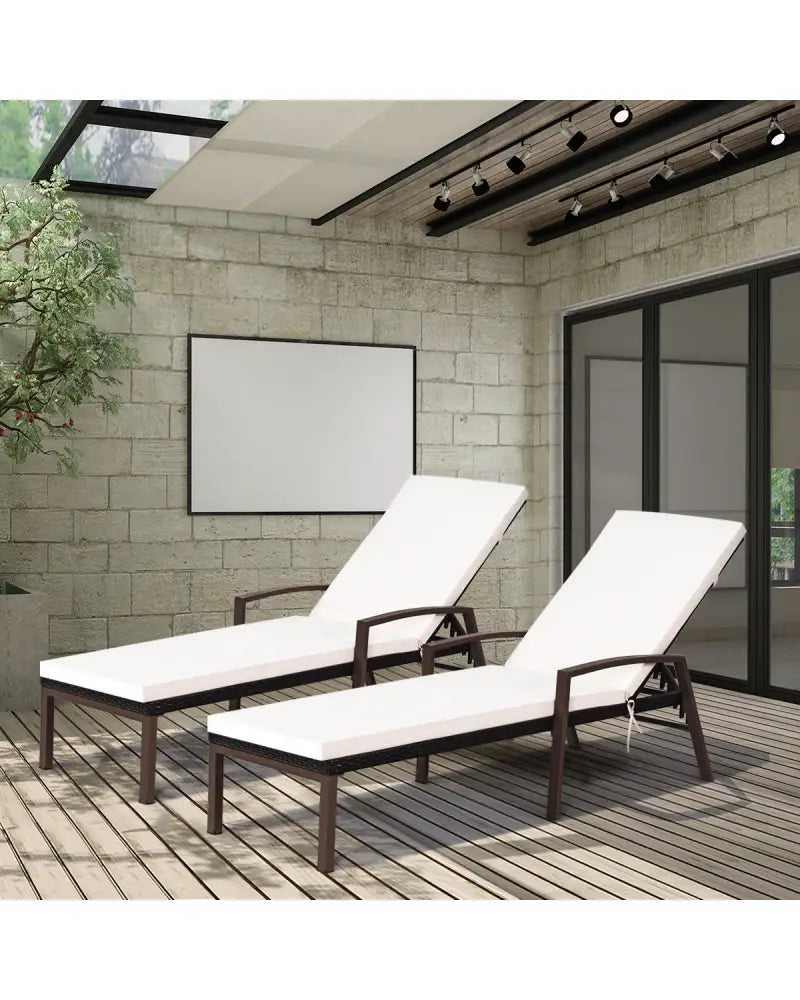 2 Pieces Patio Rattan Reclining Chaise Lounge Chair with Cushion and Armrest-Turquoise and White - Beige & Turquoise