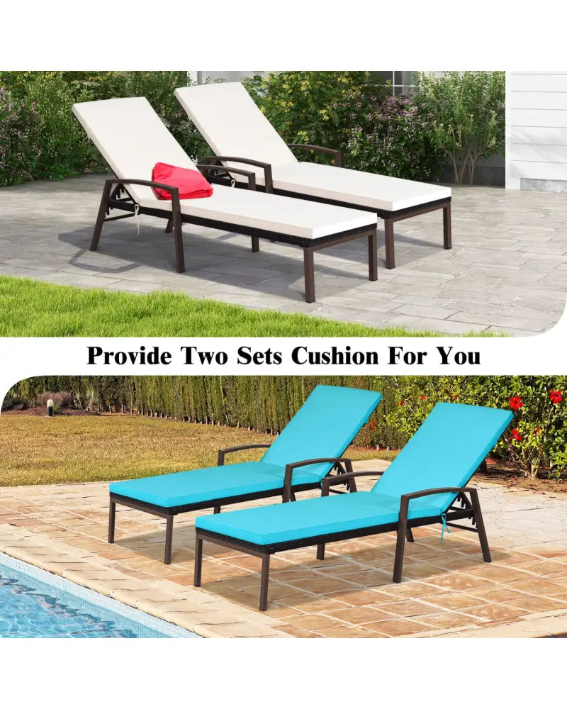 2 Pieces Patio Rattan Reclining Chaise Lounge Chair with Cushion and Armrest-Turquoise and White - Beige & Turquoise