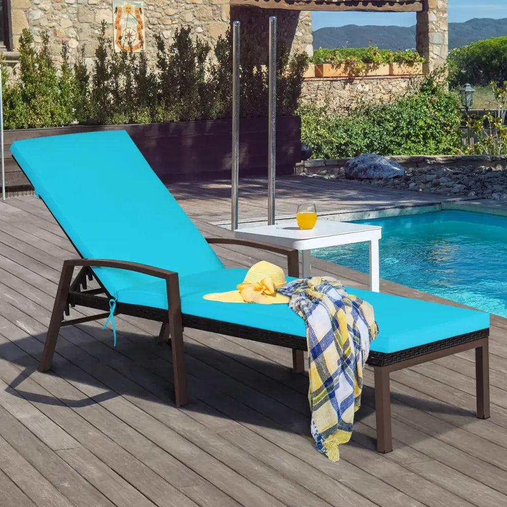 2 Pieces Patio Rattan Reclining Chaise Lounge Chair with Cushion and Armrest-Turquoise and White - Beige & Turquoise