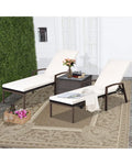 2 Pieces Patio Rattan Reclining Chaise Lounge Chair with Cushion and Armrest-Turquoise and White - Beige & Turquoise