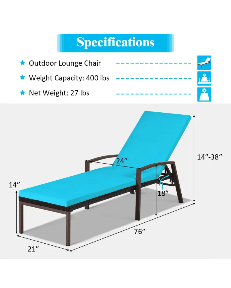 2 Pieces Patio Rattan Reclining Chaise Lounge Chair with Cushion and Armrest-Turquoise and White - Beige & Turquoise